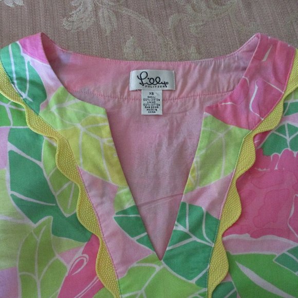 LILLY PULITZER Pink & Green Print Long Sleeve Top Scallop Details - Picture 7 of 7